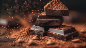 Empilement de carrés de chocolat noir intense saupoudrés de cacao fin avec des éclats en mouvement sur un fond sombre