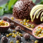 Gros plan sur des sphères de chocolat artisanales décorées, accompagnées de fruits de la passion frais et de fèves de cacao sur une table sombre.