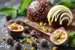 Gros plan sur des sphères de chocolat artisanales décorées, accompagnées de fruits de la passion frais et de fèves de cacao sur une table sombre.