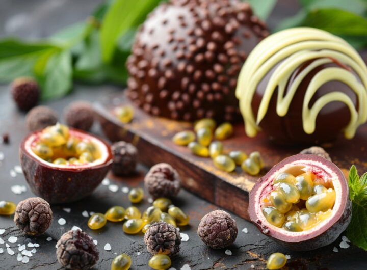 Gros plan sur des sphères de chocolat artisanales décorées, accompagnées de fruits de la passion frais et de fèves de cacao sur une table sombre.