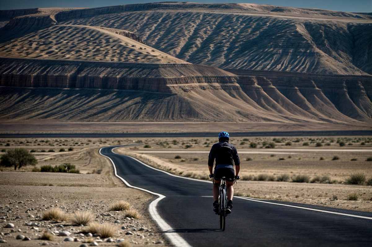Cycliste pédalant sur une route asphaltée traversant un désert avec des montagnes striées en arrière-plan