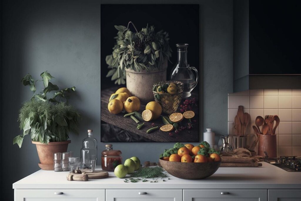 Tableau nature morte montrant citrons oranges pot et flacon