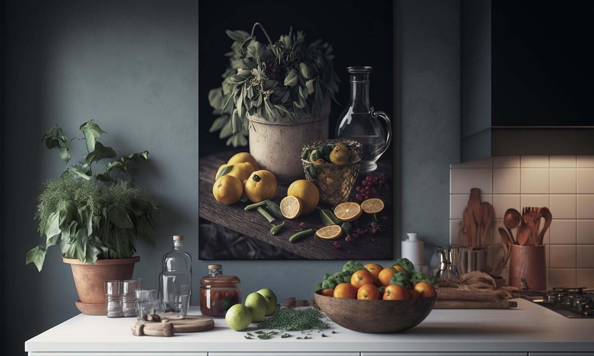 Tableau nature morte montrant citrons oranges pot et flacon