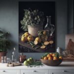 Tableau nature morte montrant citrons oranges pot et flacon