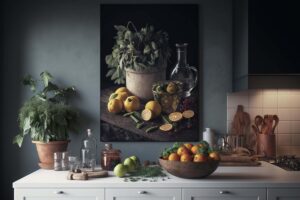 Tableau nature morte montrant citrons oranges pot et flacon