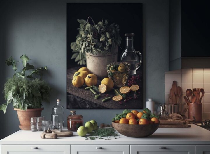 Tableau nature morte montrant citrons oranges pot et flacon